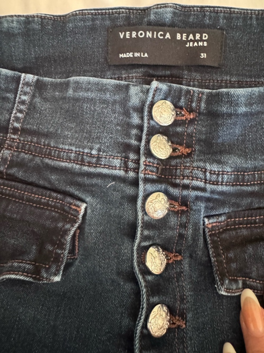 Veronica Beard Dark Blue High-Rise Button-Front Jeans